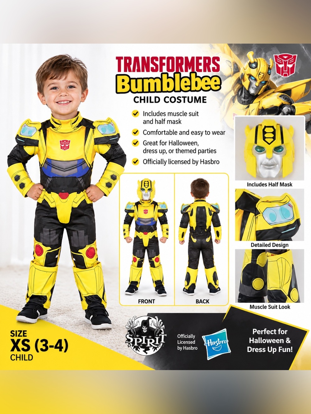 Spirit Halloween Transformers Bumblebee Child Costume XS 3-4 Mask